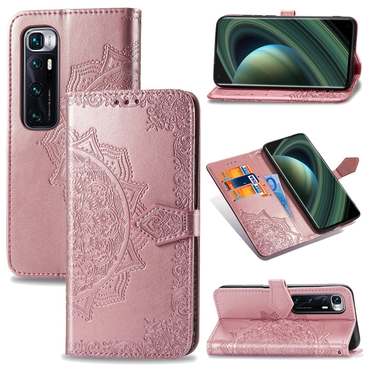 Light pink mandala-embossed flip leather phone case with card slot and stand