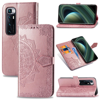 Light pink mandala-embossed flip leather phone case with card slot and stand