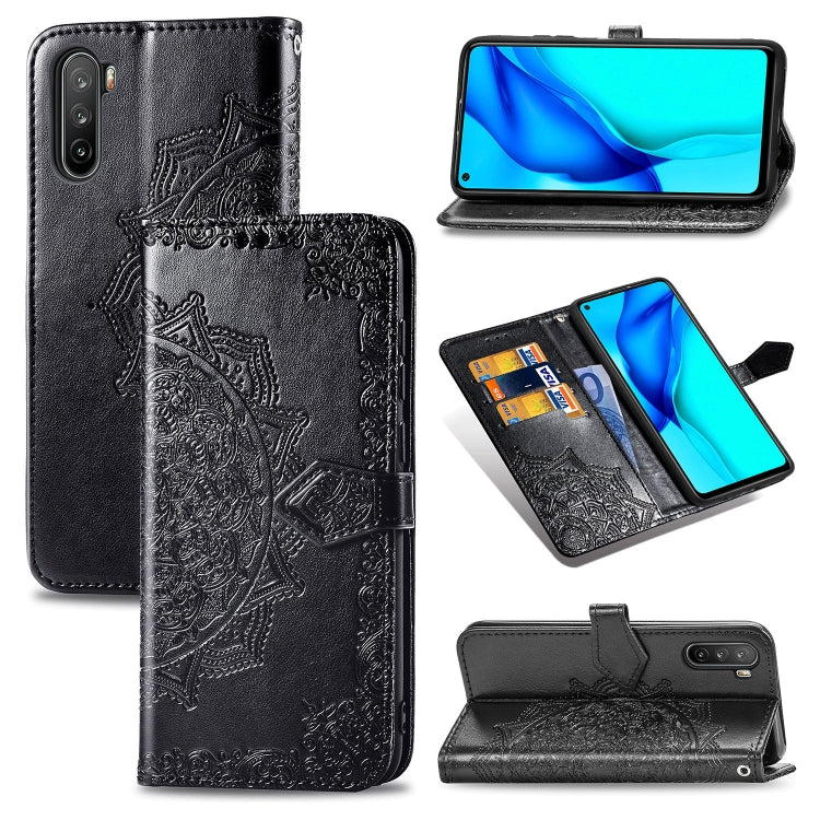 Black embossed mandala flip leather phone case with card slot and wallet flap