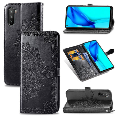 Black embossed mandala flip leather phone case with card slot and wallet flap