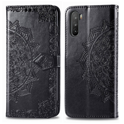Black embossed mandala wallet flip phone case with horizontal card holder window