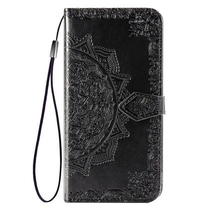 Black embossed mandala flip leather phone case with wrist strap and button closure