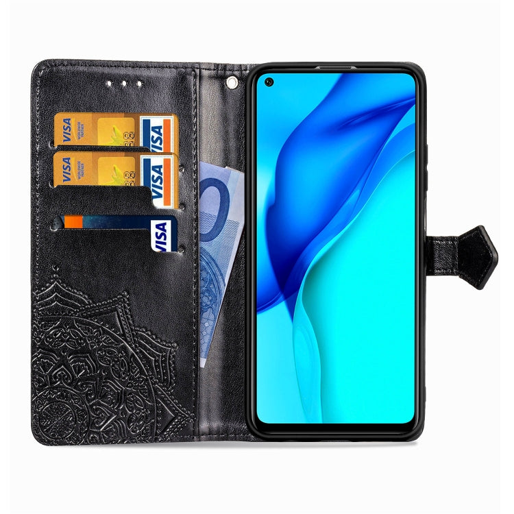 Black embossed mandala flip wallet case showing card slots and phone screen cover