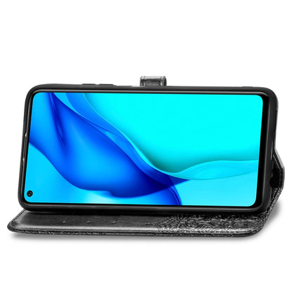 Black embossed mandala flip leather phone case with side flip cover and strap