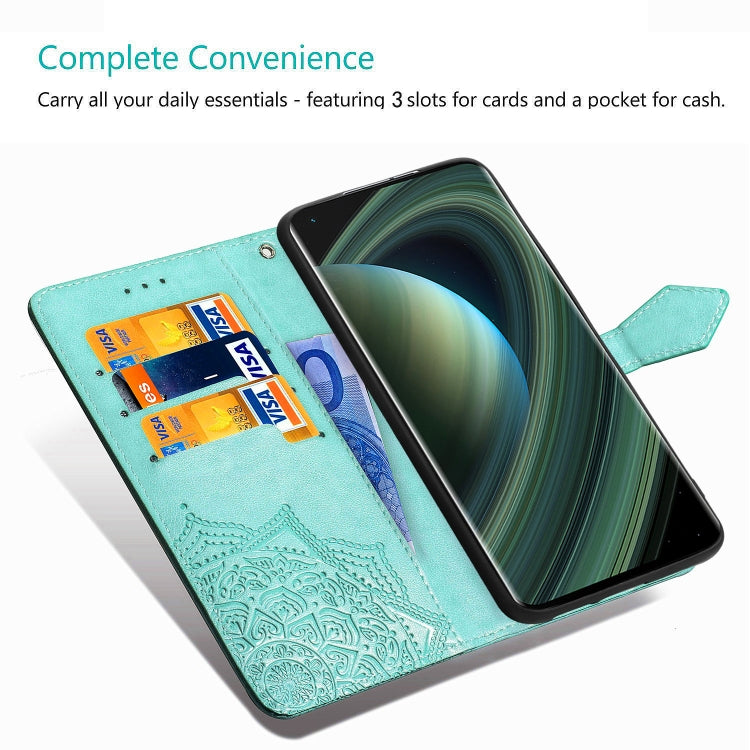 Green embossed mandala flip leather phone case with card slots and inner cash pocket