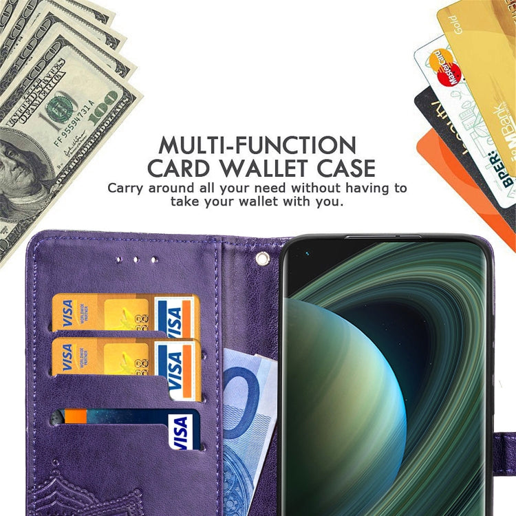 Purple embossed mandala flip wallet phone case with card slots and inner cash pocket