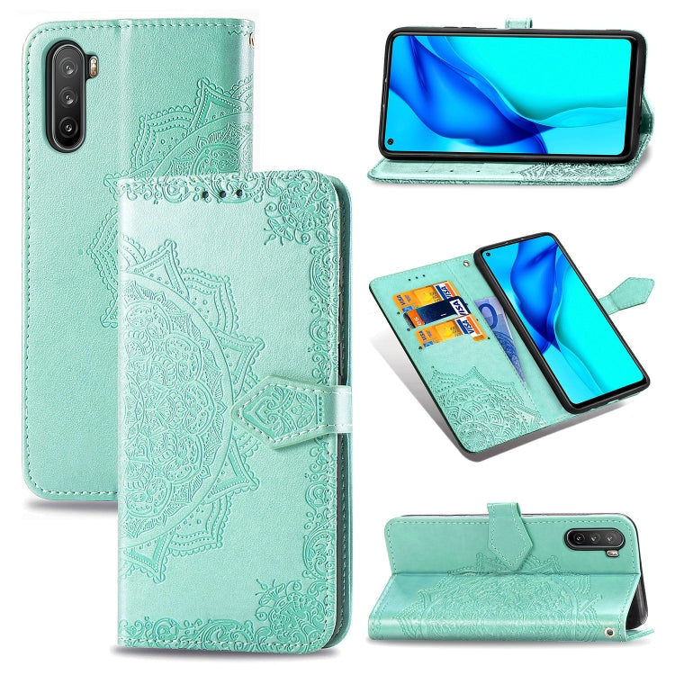 Mint green embossed mandala horizontal flip leather phone wallet case with card slots