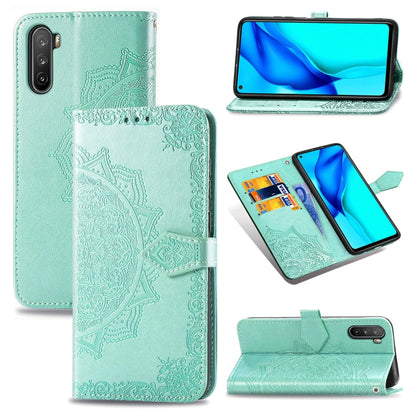 Mint green embossed mandala horizontal flip leather phone wallet case with card slots