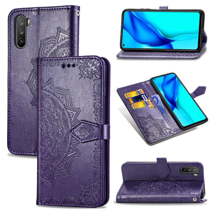 Purple embossed mandala horizontal flip leather phone wallet case with card slots
