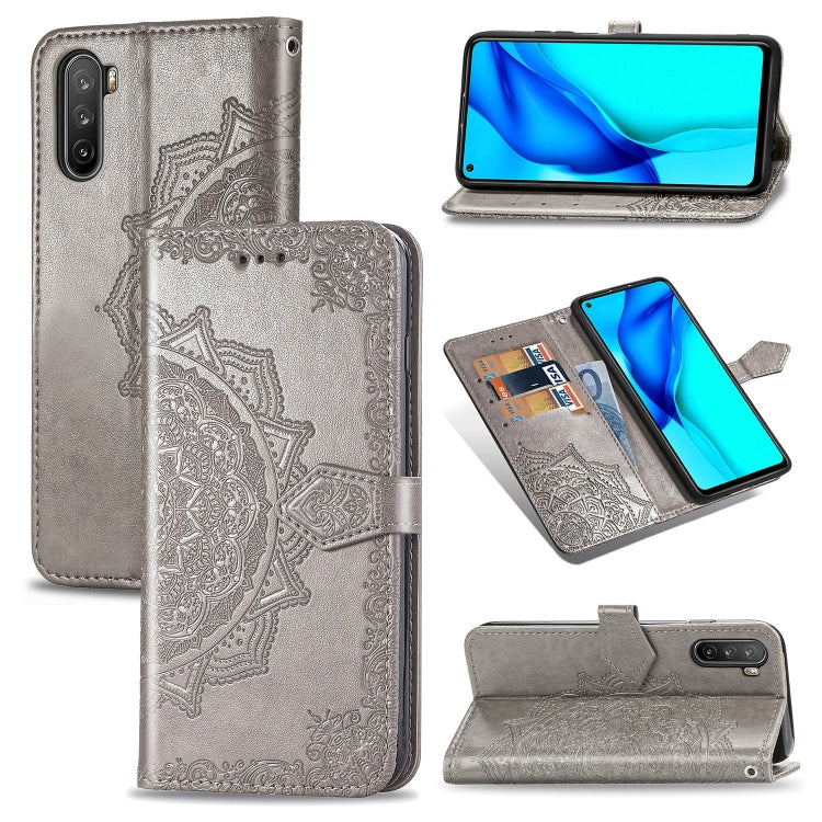 Gray metallic embossed mandala horizontal flip leather phone wallet case with card slots