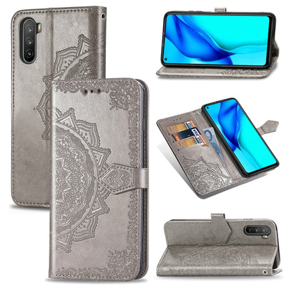 Gray metallic embossed mandala horizontal flip leather phone wallet case with card slots
