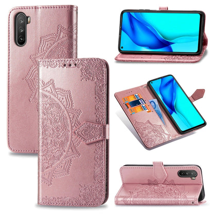 Rose pink embossed mandala horizontal flip leather phone wallet case with card slots