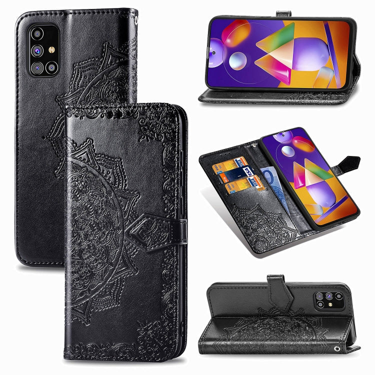 Black embossed mandala horizontal flip leather phone wallet case with card slots