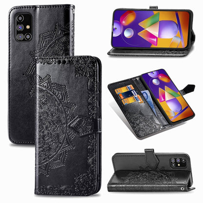 Black embossed mandala horizontal flip leather phone wallet case with card slots