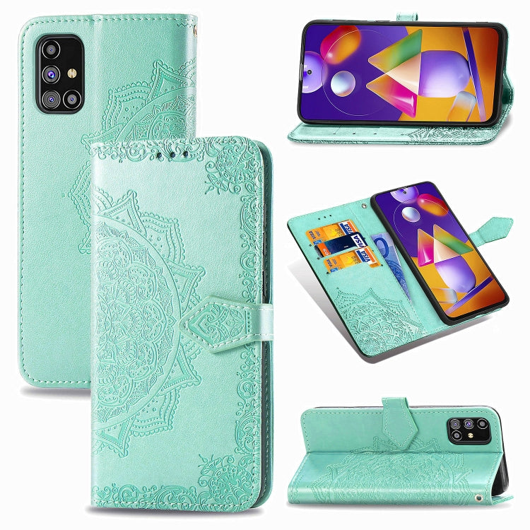 Aqua green embossed mandala horizontal flip leather phone wallet case with card slots