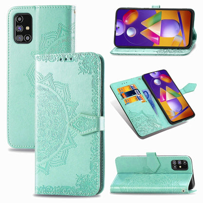 Aqua green embossed mandala horizontal flip leather phone wallet case with card slots