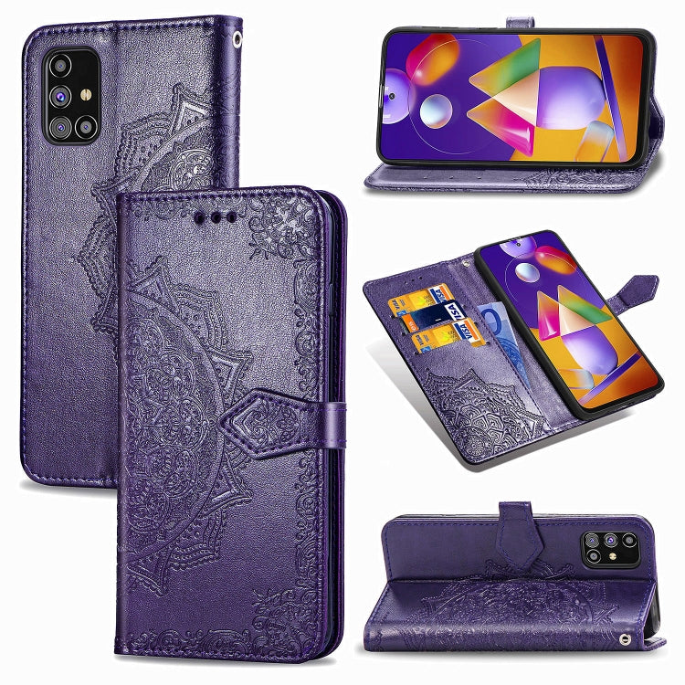 Deep purple embossed mandala horizontal flip leather phone wallet case with card slots