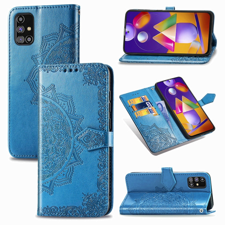 Bright blue embossed mandala horizontal flip leather phone wallet case with card slots