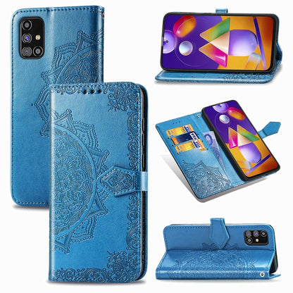 Bright blue embossed mandala horizontal flip leather phone wallet case with card slots