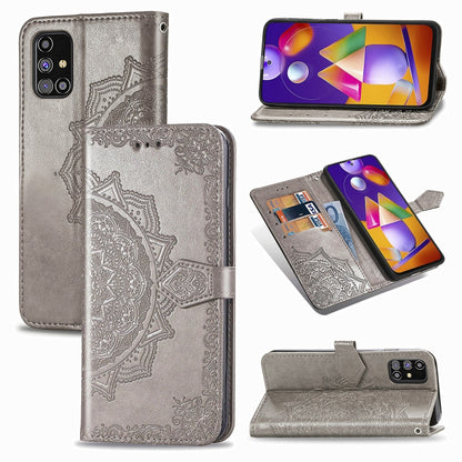 Gray mandala-embossed flip leather phone case with card slot and stand