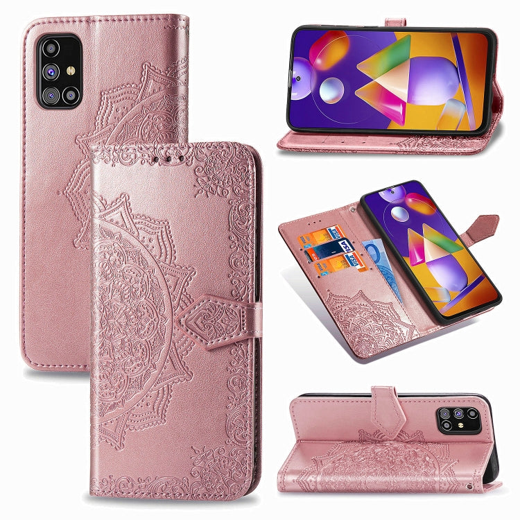 Rose pink mandala-embossed flip leather phone case with card slot and stand