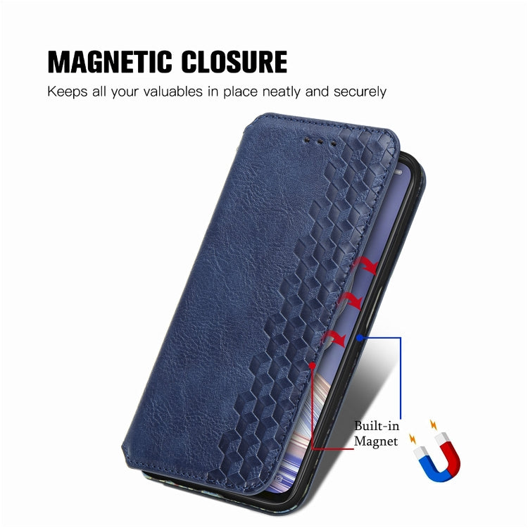Blue PU leather magnetic flip phone case with built-in magnet and card slots