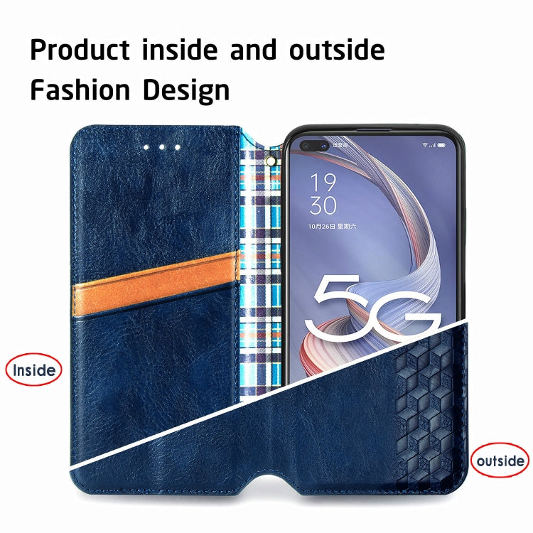Blue PU leather magnetic flip phone case showing inside card holder and outer hex grid