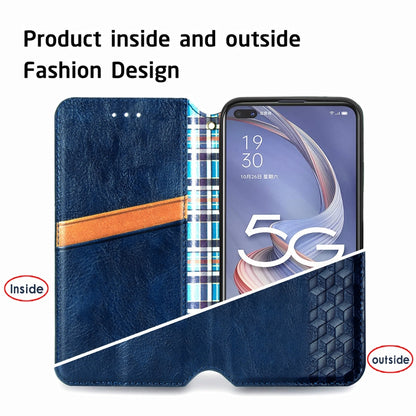 Blue PU leather magnetic flip phone case showing inside card holder and outer hex grid