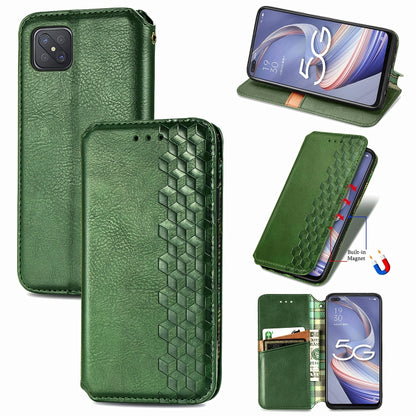 Green magnetic flip PU leather phone case with embossed hex grid and card holder