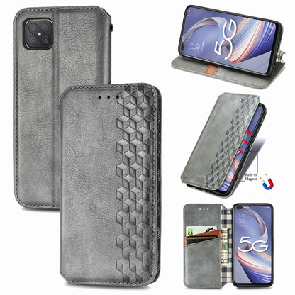 Gray PU leather flip phone case with magnetic closure, card slots, cubic grid texture.