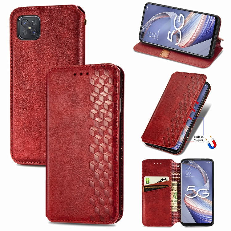 Red PU leather flip phone case with magnetic closure, card holder, cubic grid embossed pattern.