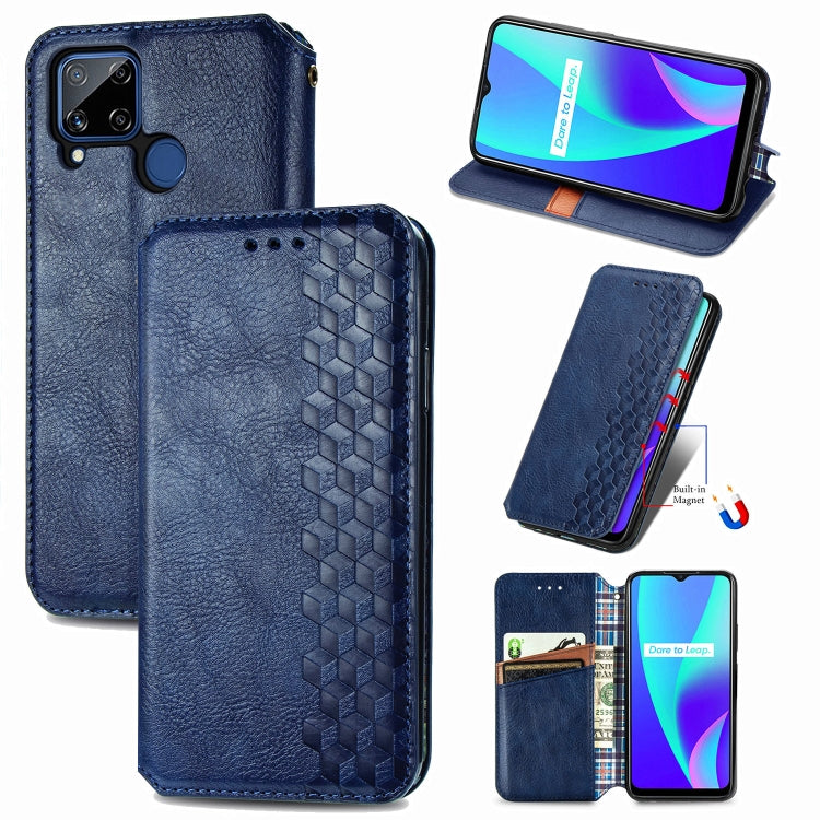 Blue PU leather flip phone case with magnetic closure, card slots, raised cubic grid design.