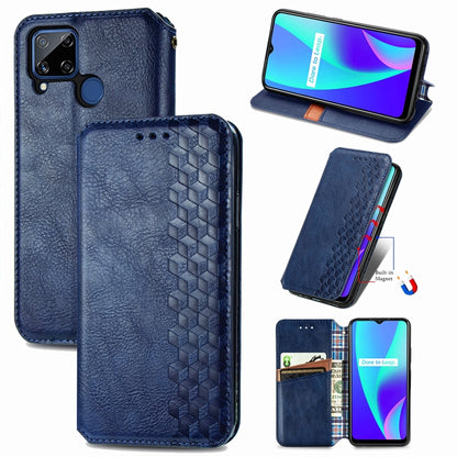 Blue PU leather flip phone case with magnetic closure, card slots, raised cubic grid design.