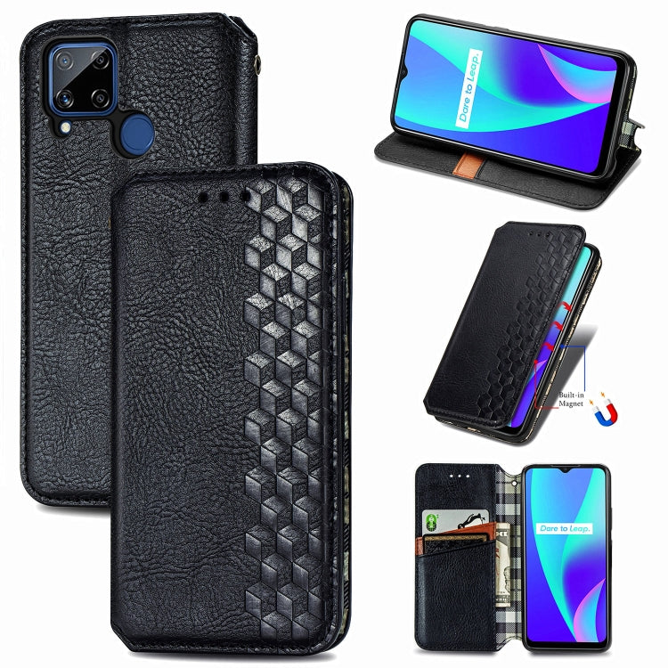 Black PU leather flip phone case with magnetic closure, card slots, cubic grid embossing.