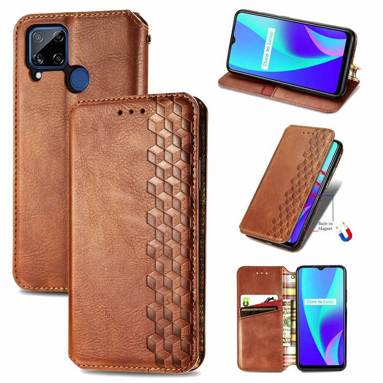 Brown PU leather flip phone case with magnetic closure, card slots, cubic grid textured panel.