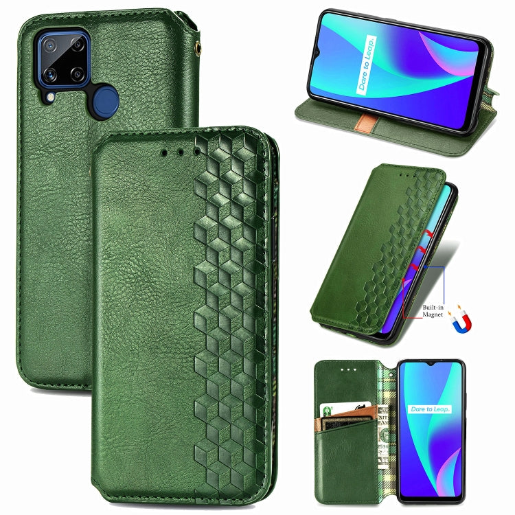 Green PU leather flip phone case with magnetic closure, card slots, cubic grid embossed detail.