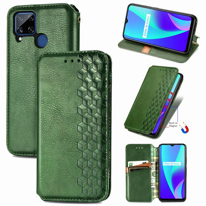 Green PU leather flip phone case with magnetic closure, card slots, cubic grid embossed detail.