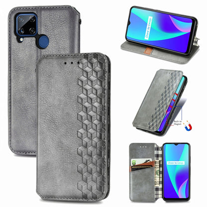 Gray wallet-style flip phone case with magnetic closure, card slots, cubic grid pattern.