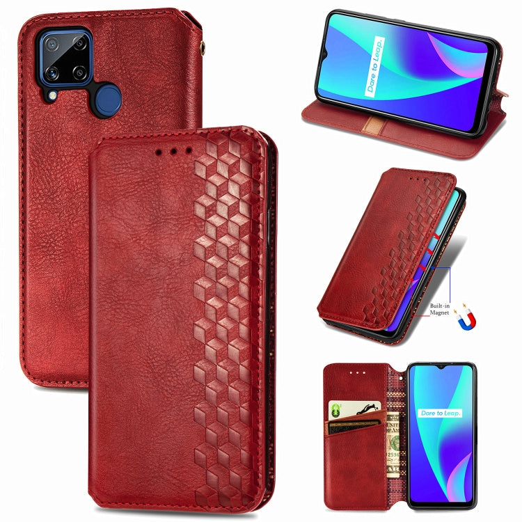 Red wallet-style flip phone case with magnetic closure, card slots, cubic grid embossed panel.