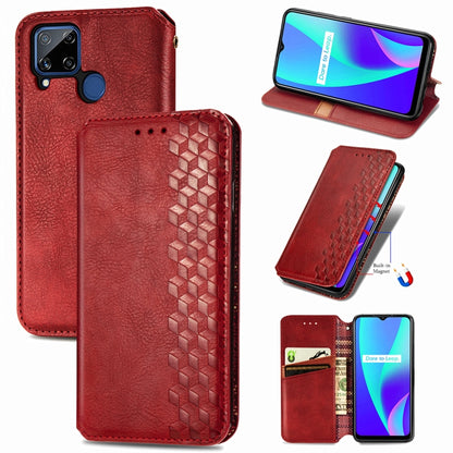 Red wallet-style flip phone case with magnetic closure, card slots, cubic grid embossed panel.