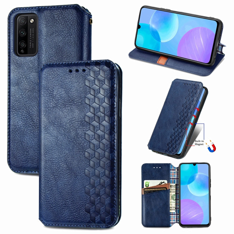 Blue wallet-style flip phone case with magnetic closure, card holder, cubic grid textured design.