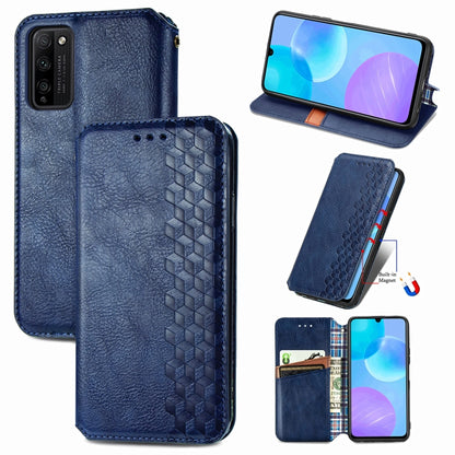 Blue wallet-style flip phone case with magnetic closure, card holder, cubic grid textured design.