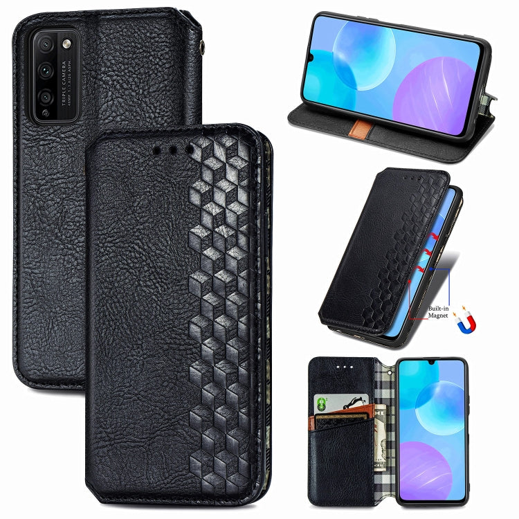 Black wallet-style flip phone case with magnetic closure, card holder, cubic grid embossing.