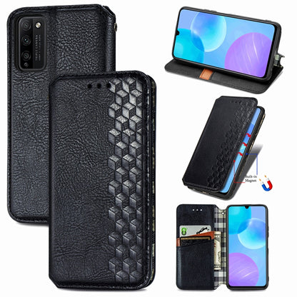 Black wallet-style flip phone case with magnetic closure, card holder, cubic grid embossing.