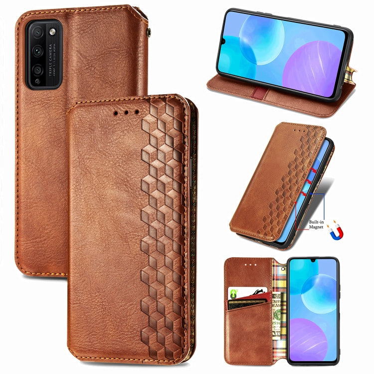 Brown PU leather flip phone case with magnetic closure, card slots, and cubic grid texture