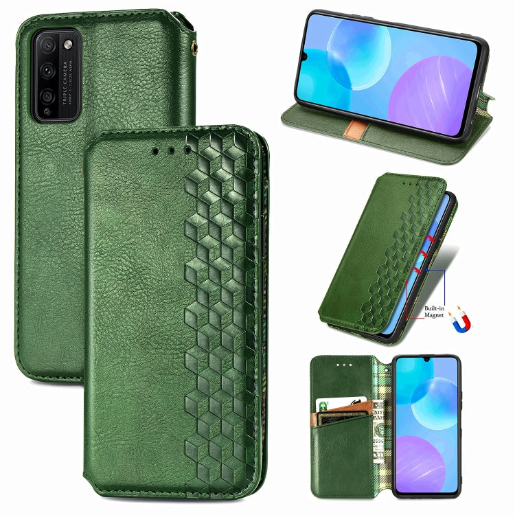 Green PU leather flip phone case with magnetic closure, card slots, and cubic grid texture