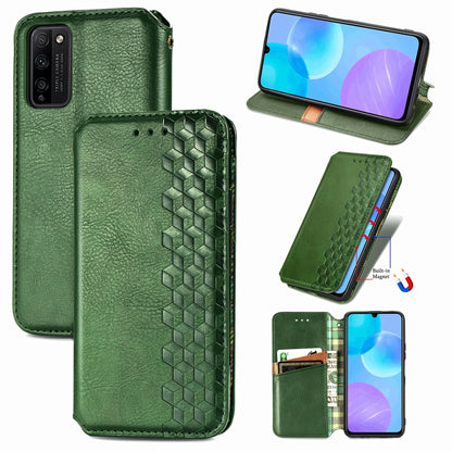 Green PU leather flip phone case with magnetic closure, card slots, and cubic grid texture