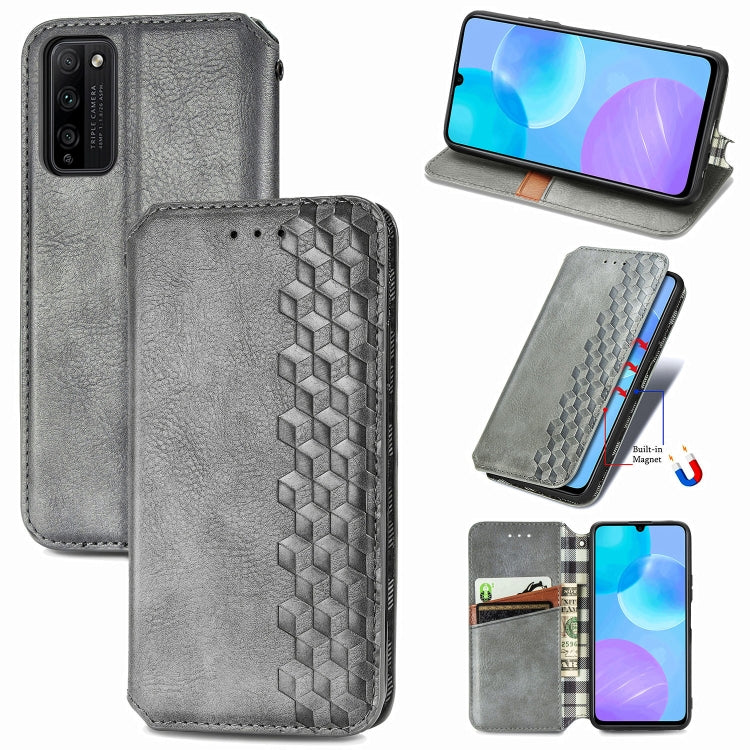 Grey PU leather flip phone case with magnetic closure, card slots, and cubic grid texture