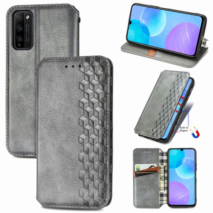 Grey PU leather flip phone case with magnetic closure, card slots, and cubic grid texture