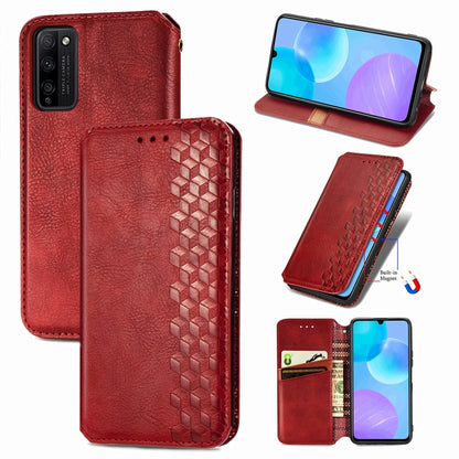 Red PU leather flip phone case with magnetic closure, card slots, and cubic grid texture